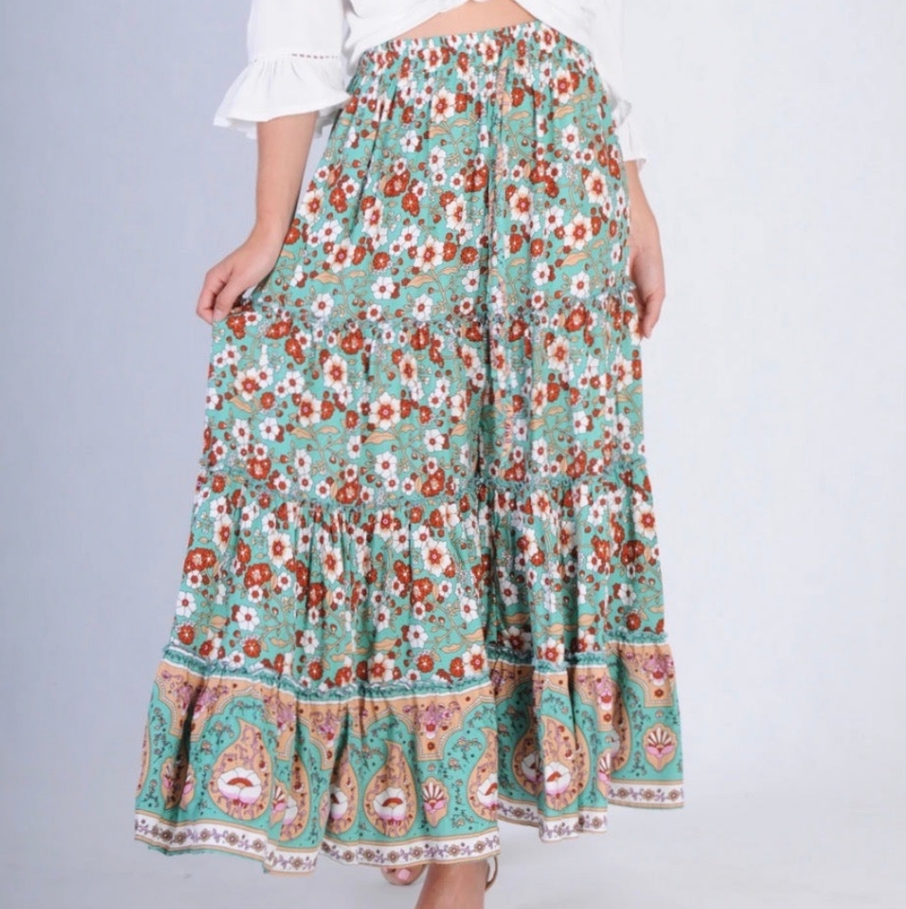 JAR OF HEARTS Boho Lover Aqua Turquoise Floral High Waisted Tiered Maxi Skirt - Picture 9 of 16